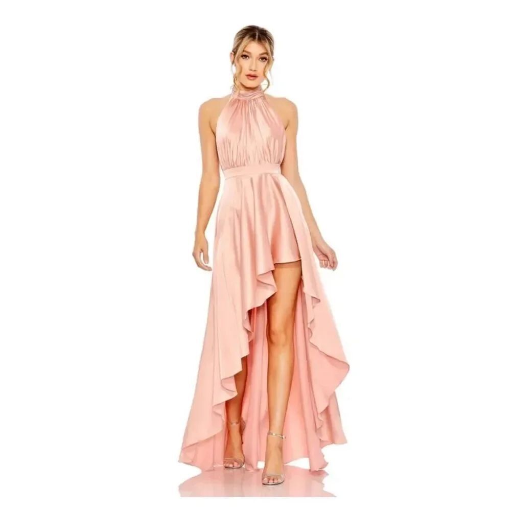 MAC DUGGAL 49664 HIGH LOW HALTER NECK SATIN DRESS ROSE PINK $458